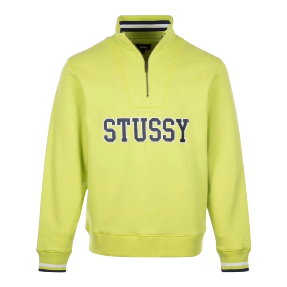 Stussy Contrast Rib Mock Neck Cotton Fleece Sweatshirt Men's Sz M Navy & Lime